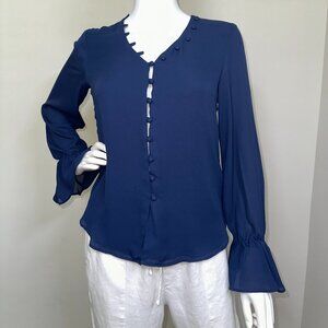 KRISA: NWT, Ruffle Button Front Top, Size - XS, Color - Navy Blue, MSRP - $137